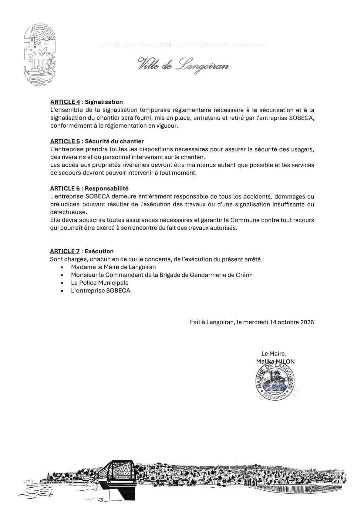 Arrêté règlementation circulation et stationnement - avenue du Général de Gaulle (Ent SOBECA)