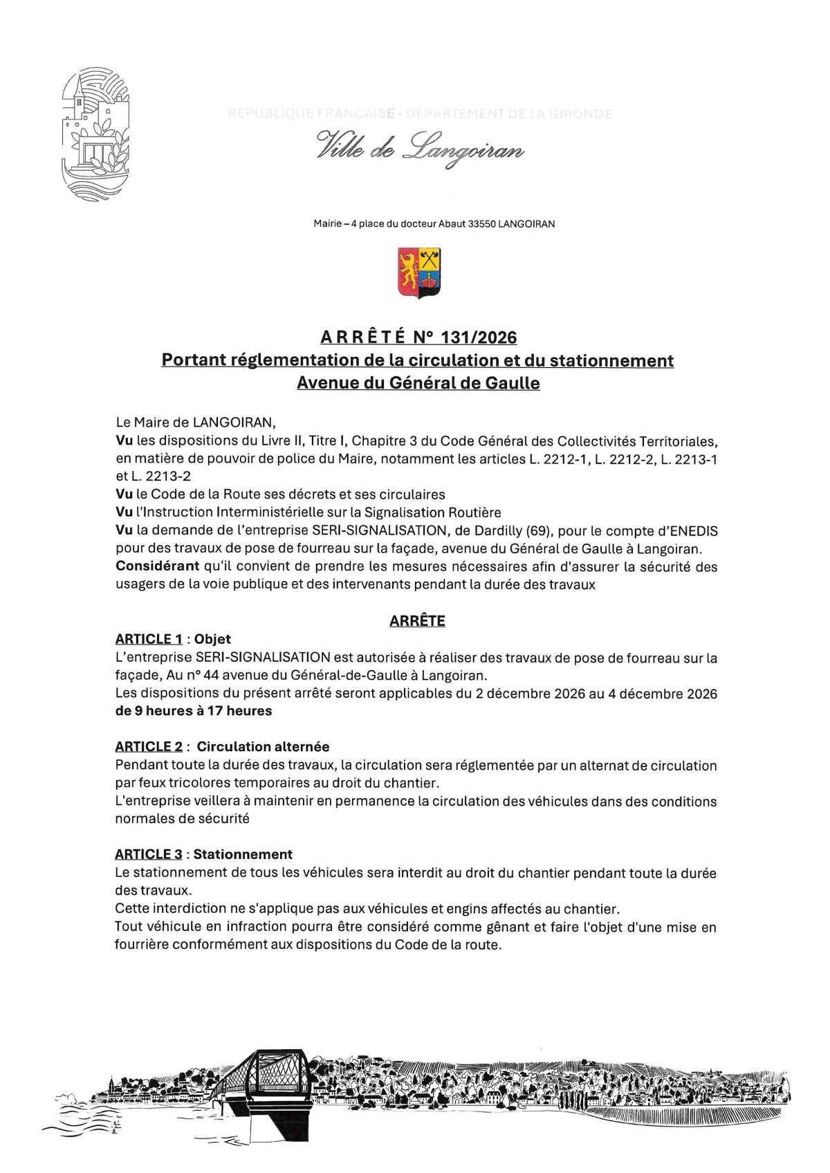 Arrêté règlementation circulation et stationnement - avenue du Général de Gaulle (Ent SERI-SIGNALISATION)