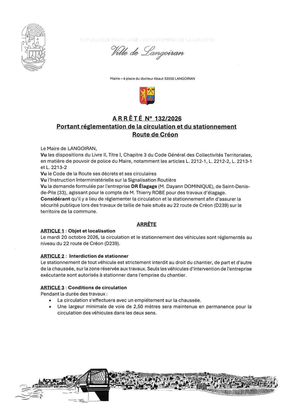 Arrêté règlementation circulation et stationnement - Route de Créon