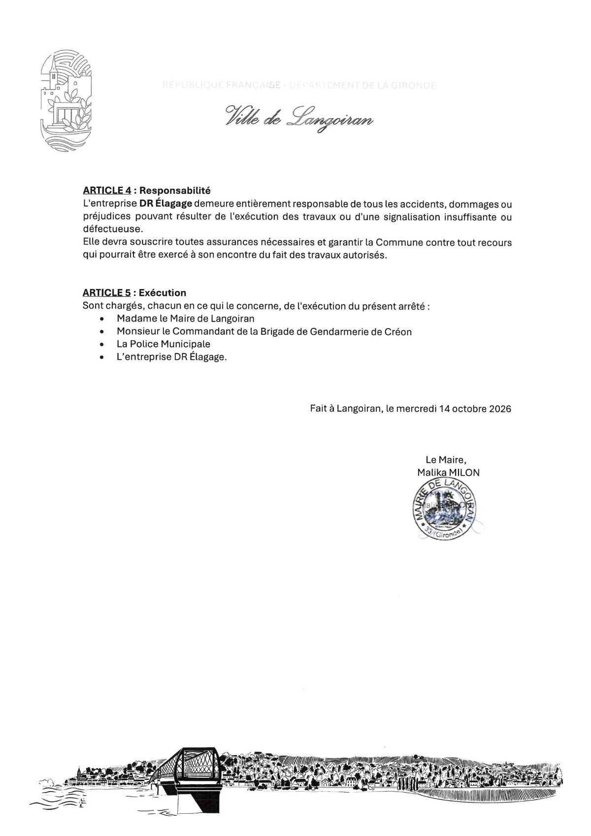 Arrêté règlementation circulation et stationnement - Route de Créon