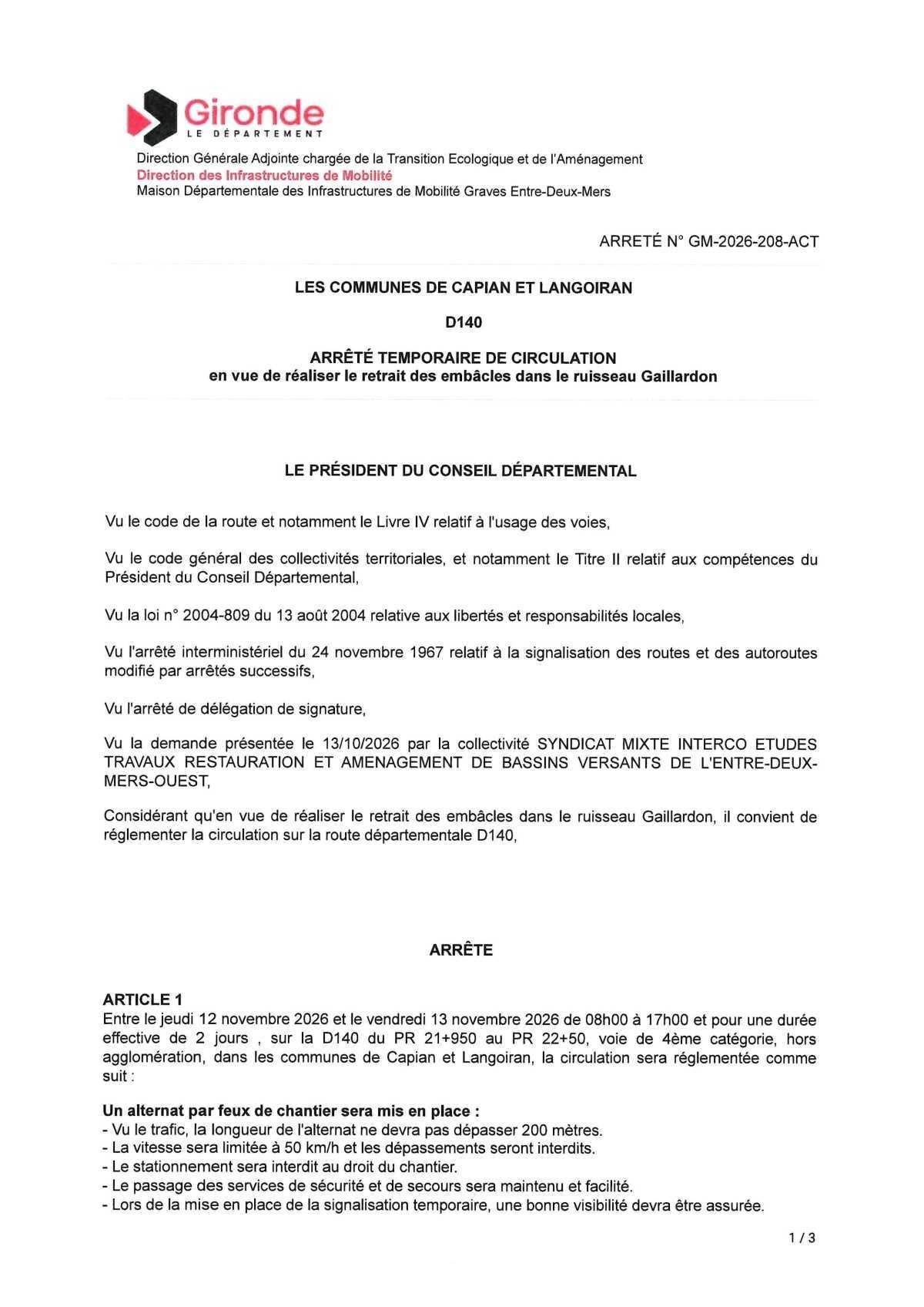 Arrêté de circulation du Département de la Gironde : D140