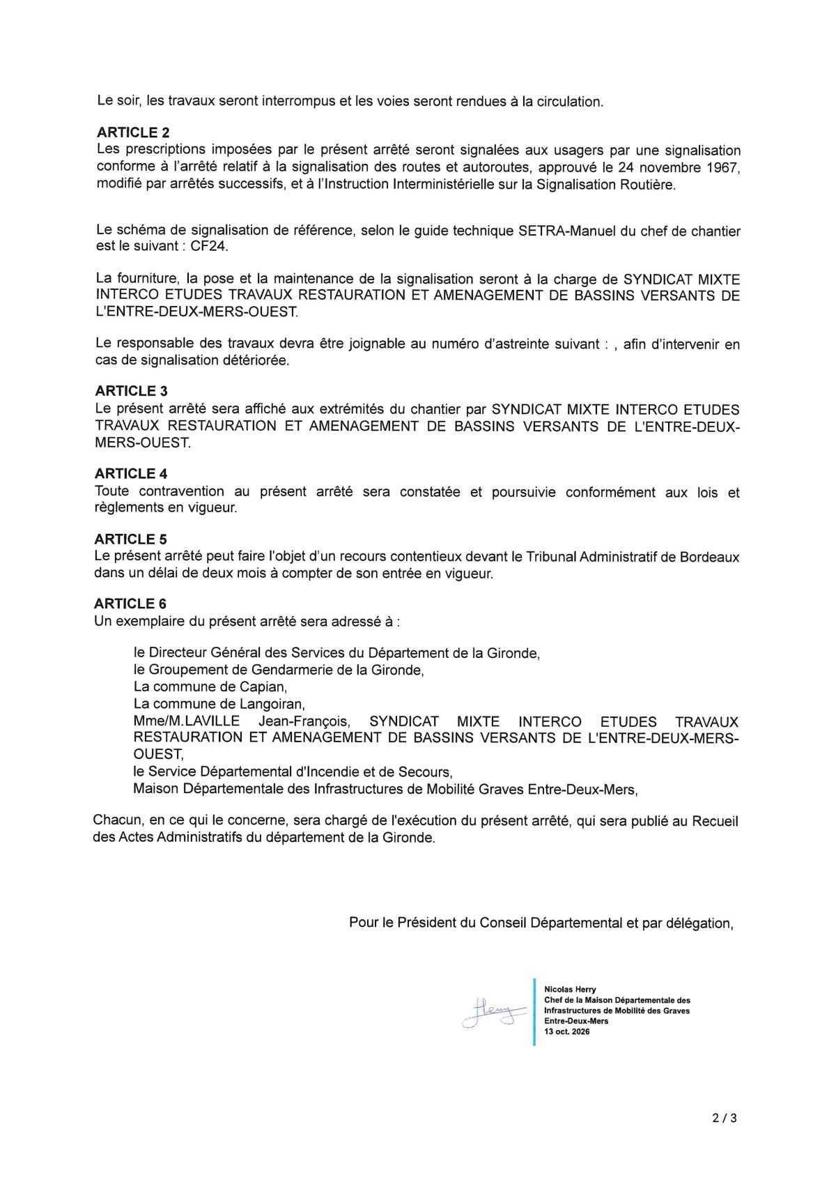 Arrêté de circulation du Département de la Gironde : D140