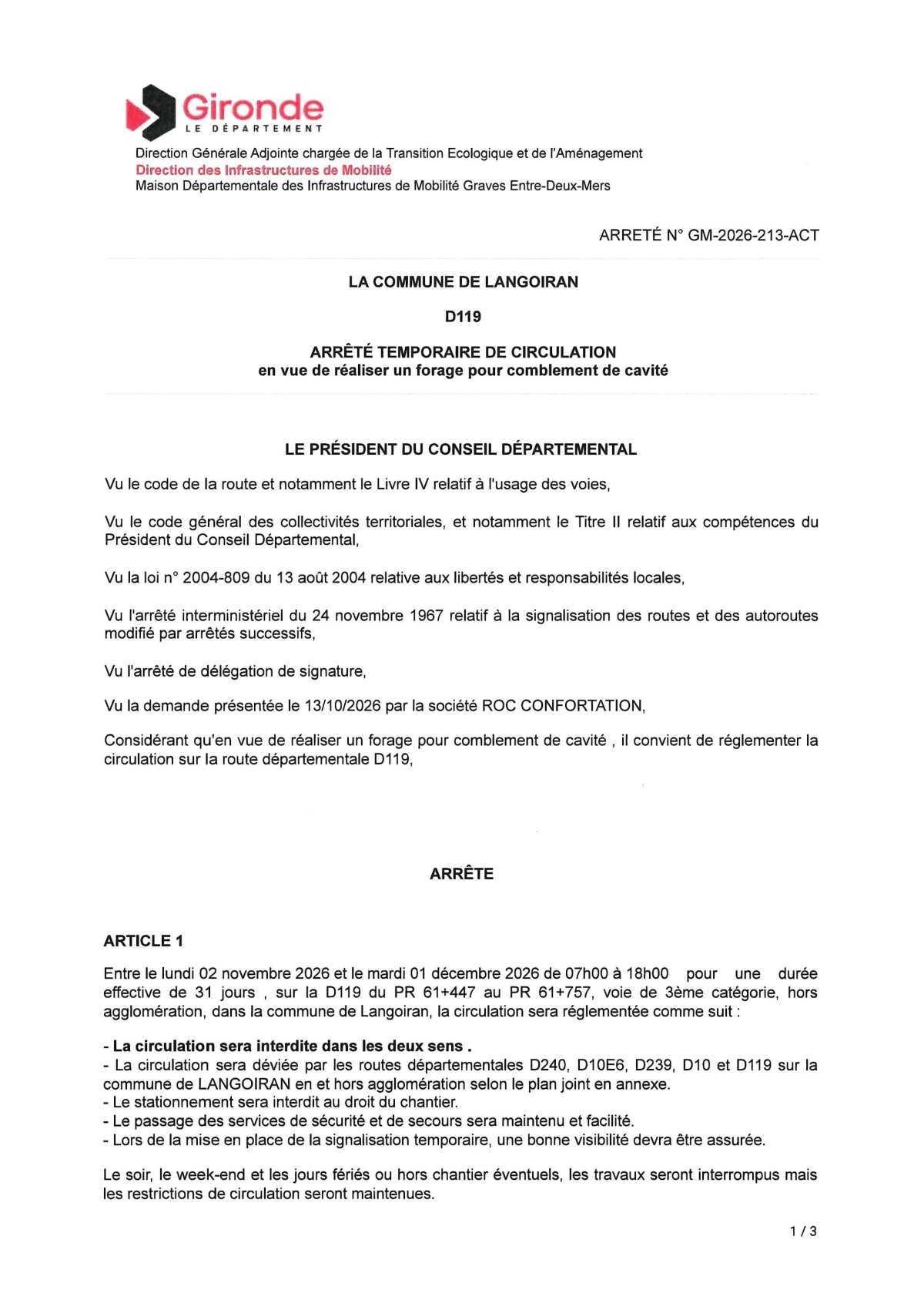 Arrêté de circulation du Département de la Gironde