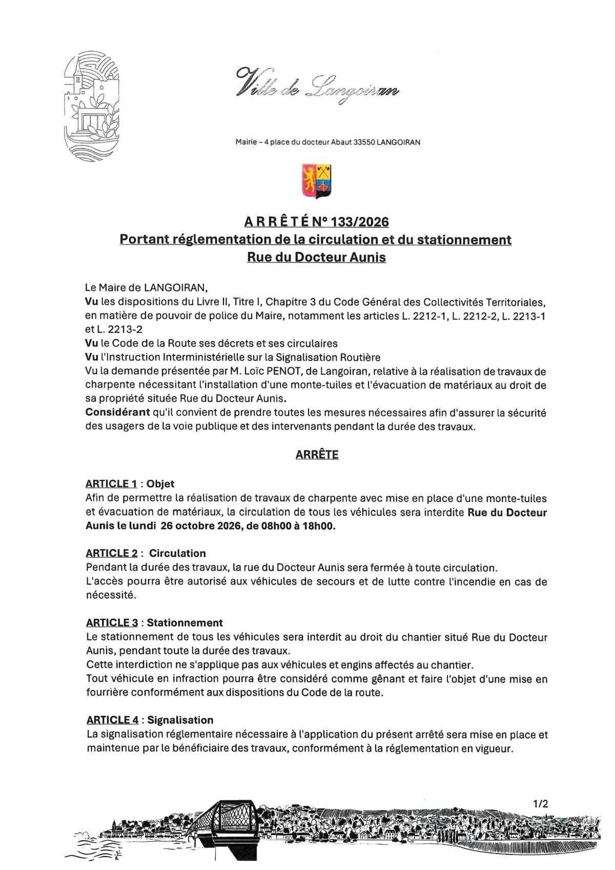 Arrêté règlementation circulation et stationnement - Rue du docteur Aunis