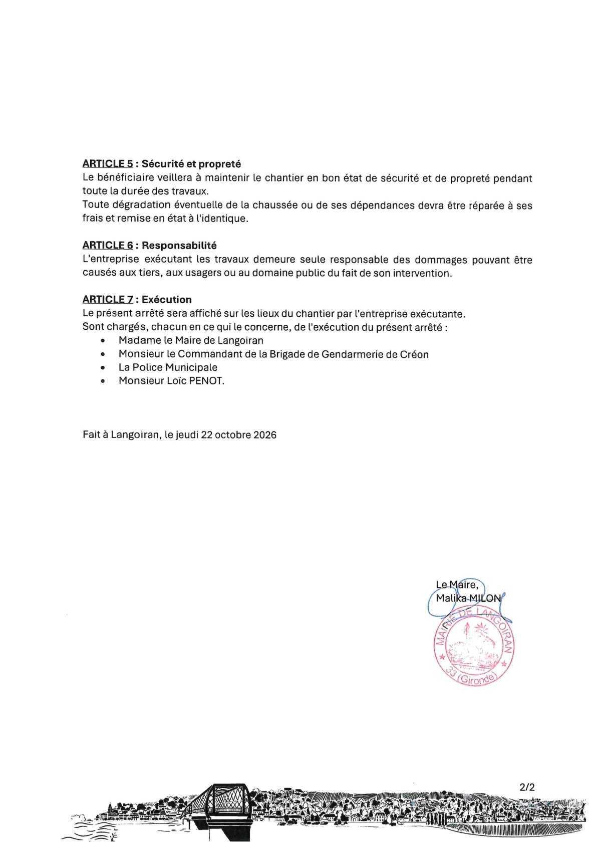 Arrêté règlementation circulation et stationnement - Rue du docteur Aunis