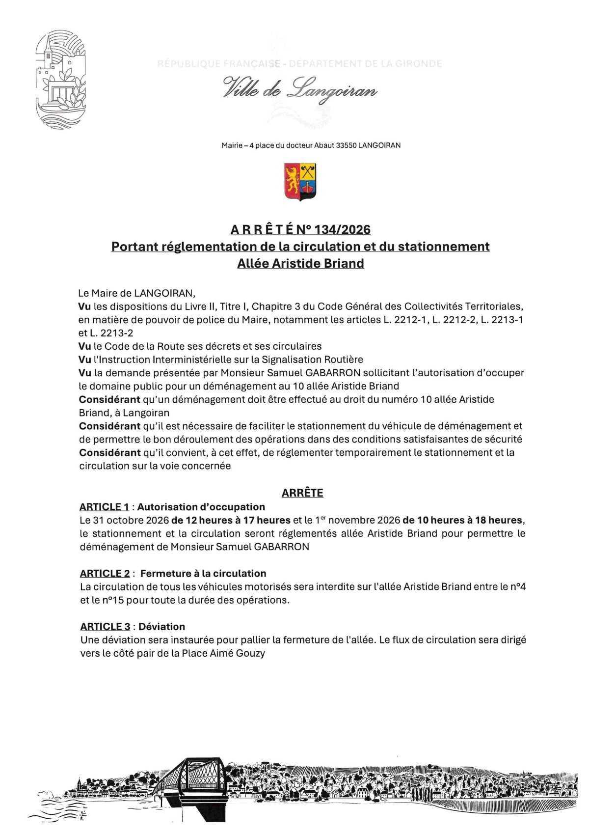 Arrêté règlementation circulation et stationnement - Allée Aristide Briand