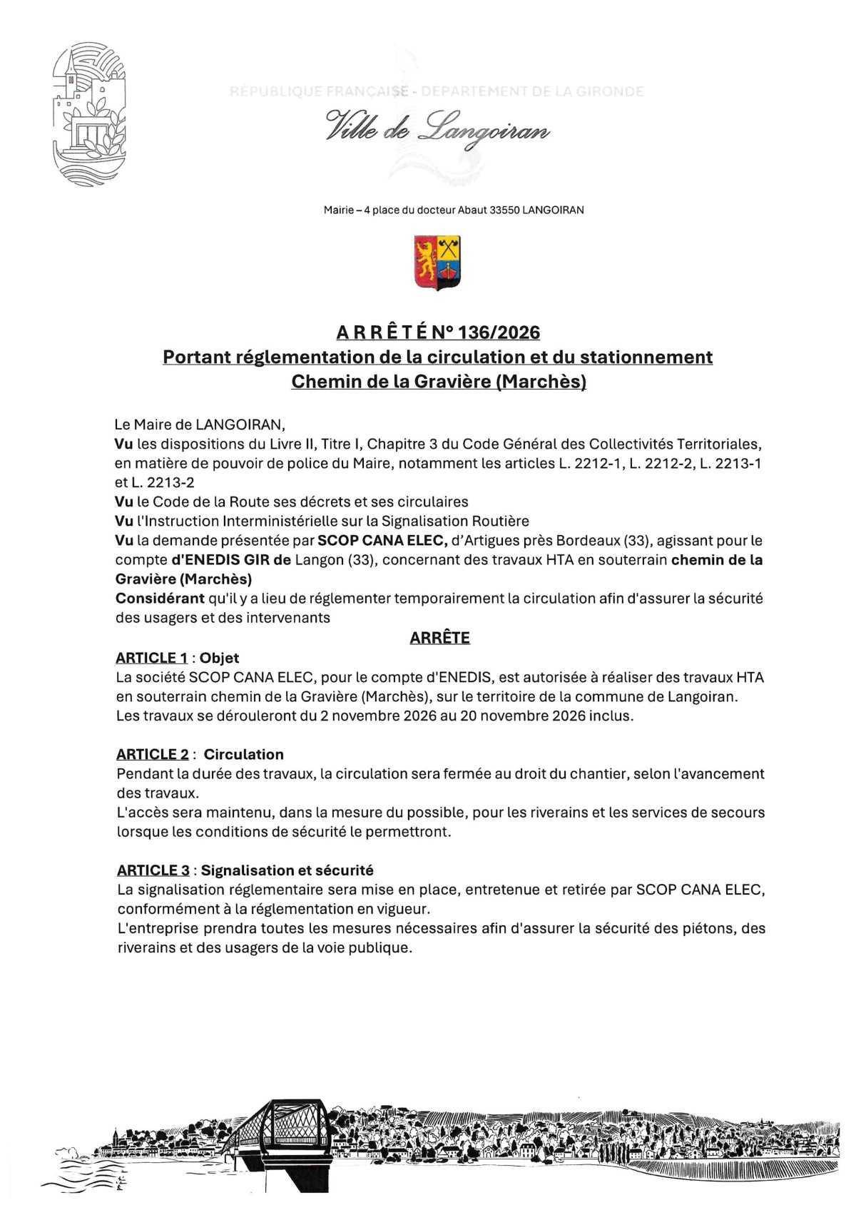 Arrêté règlementation circulation et stationnement - Chemin de la Gravière (Marchès)