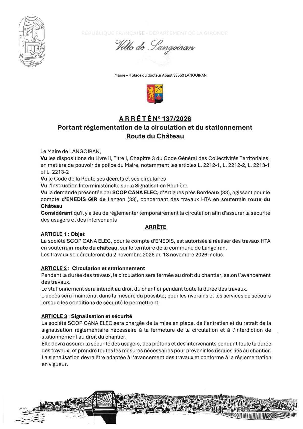 Arrêté règlementation circulation et stationnement - Route du Château