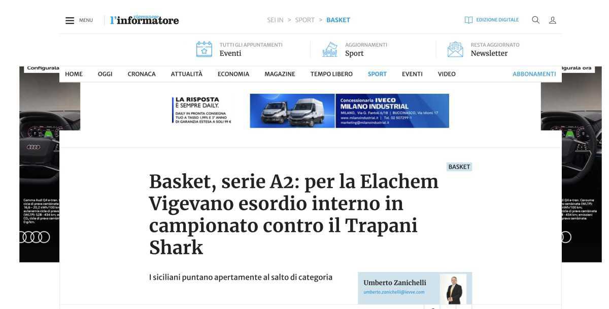 Informatore Vigevanese - Esordio interno in campionato contro il Trapani Shark