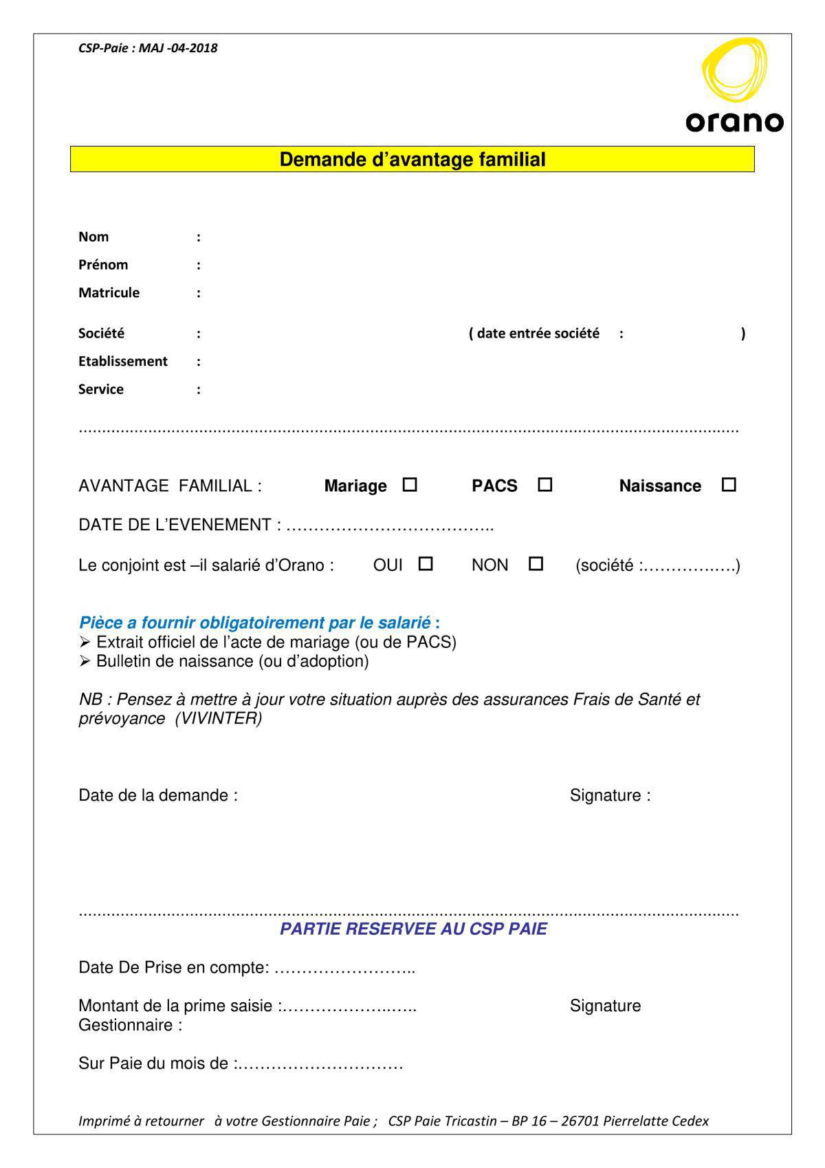 Formulaire prime de mariage, pacs et naissance