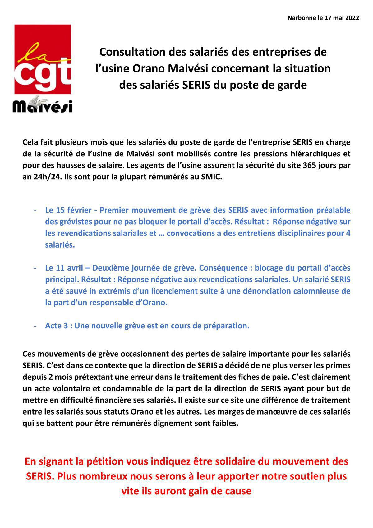 Pétition de soutien au mouvement social des SERIS