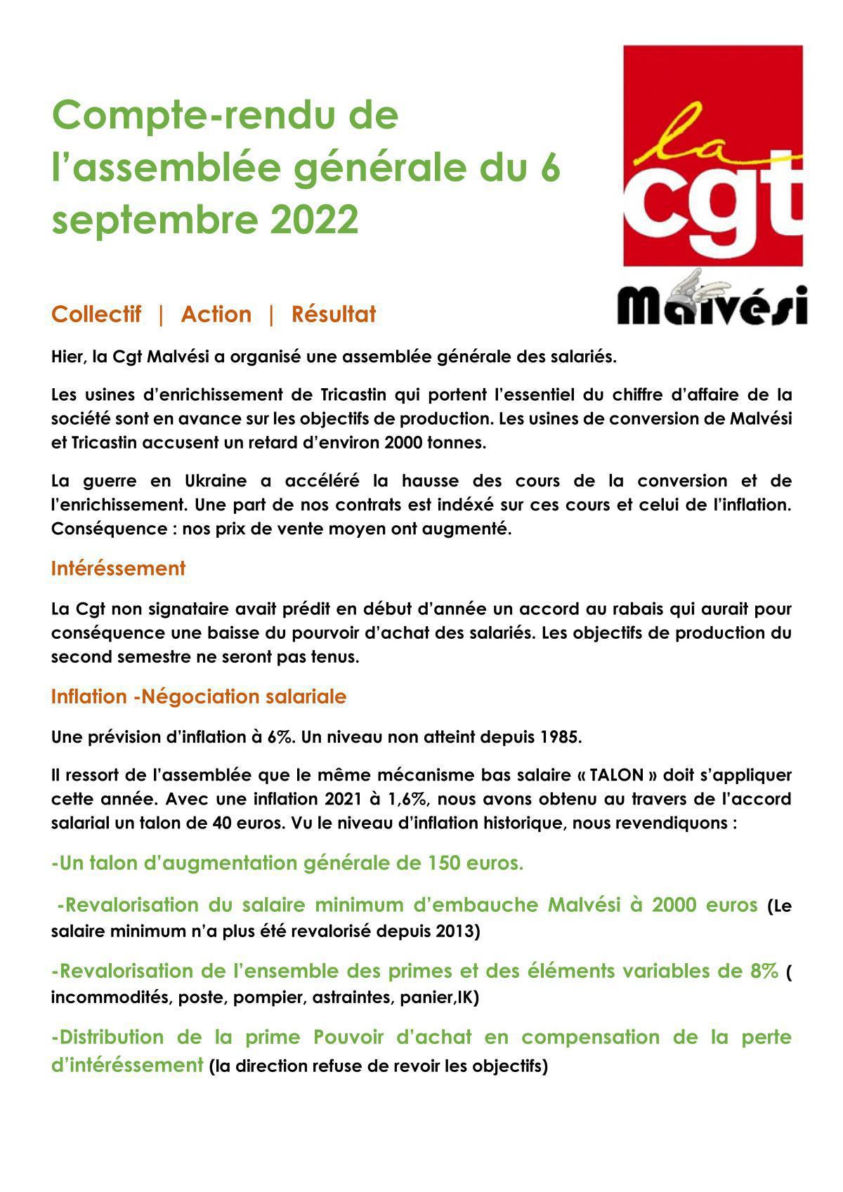 Compte rendu AG Cgt du 6 septembre