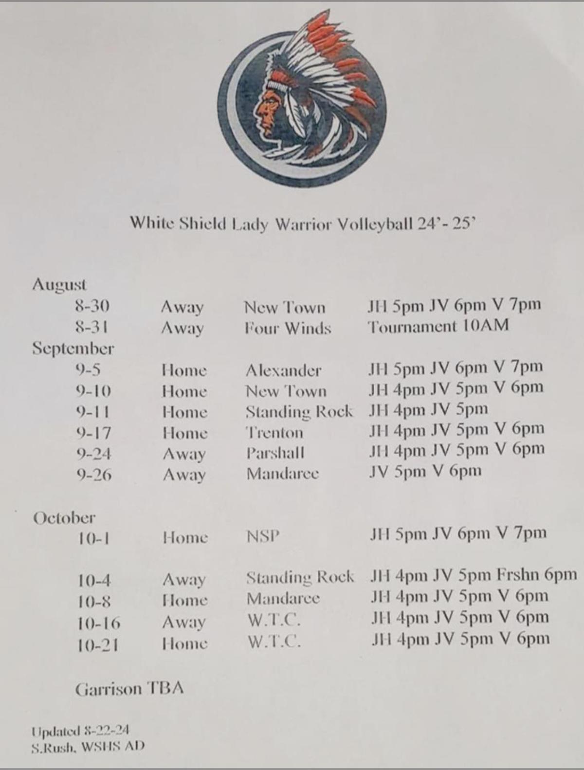 White Shield Warriors - Volleyball & XC Schedules