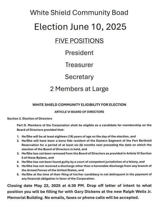 WHITE SHIELD COMMUNITY BOARD ELECTION
