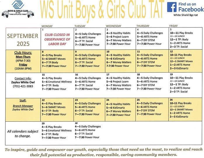 WS Boys & Girls Club Sept Calendar