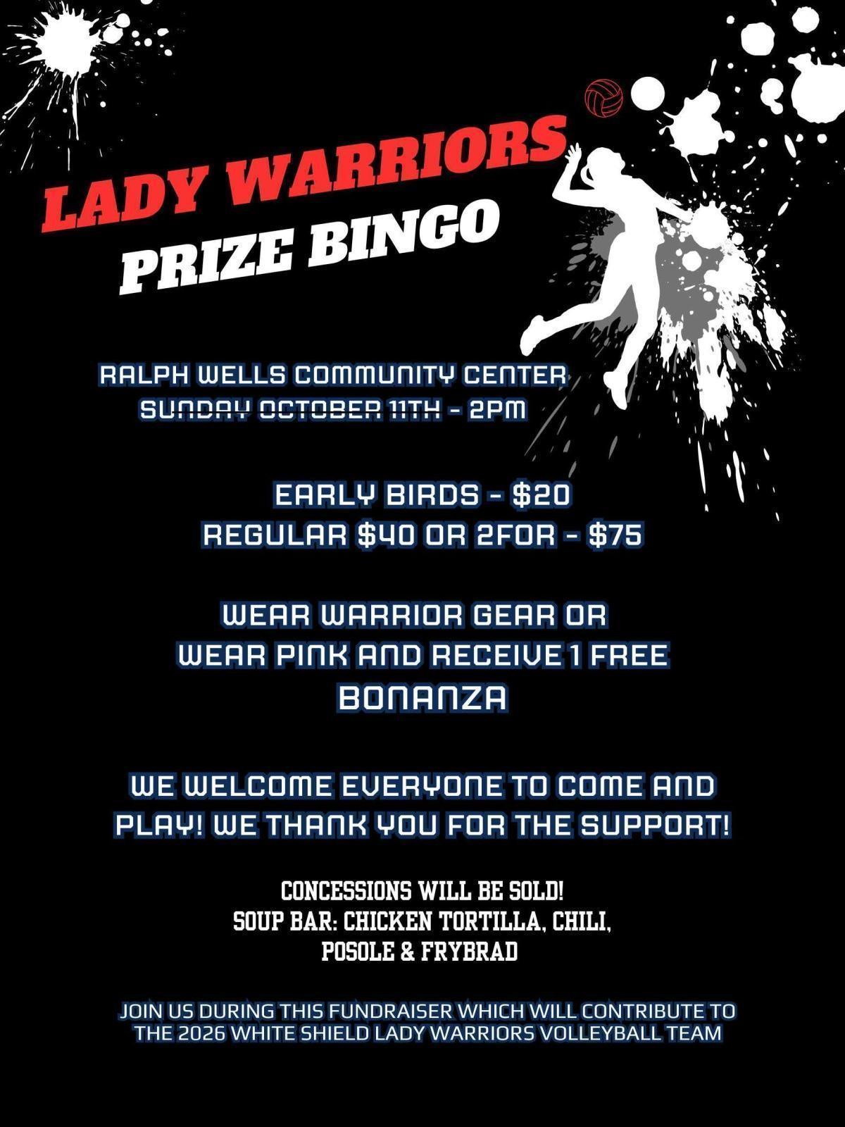 Lady Warriors Prize Bingo
