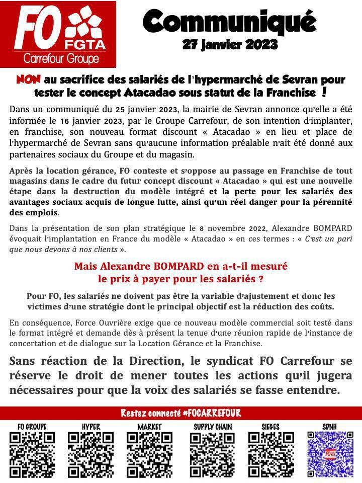 NON au sacrifice des salariés de l’hypermarché de Sevran pour tester le concept Atacadao sous statut de la Franchise !