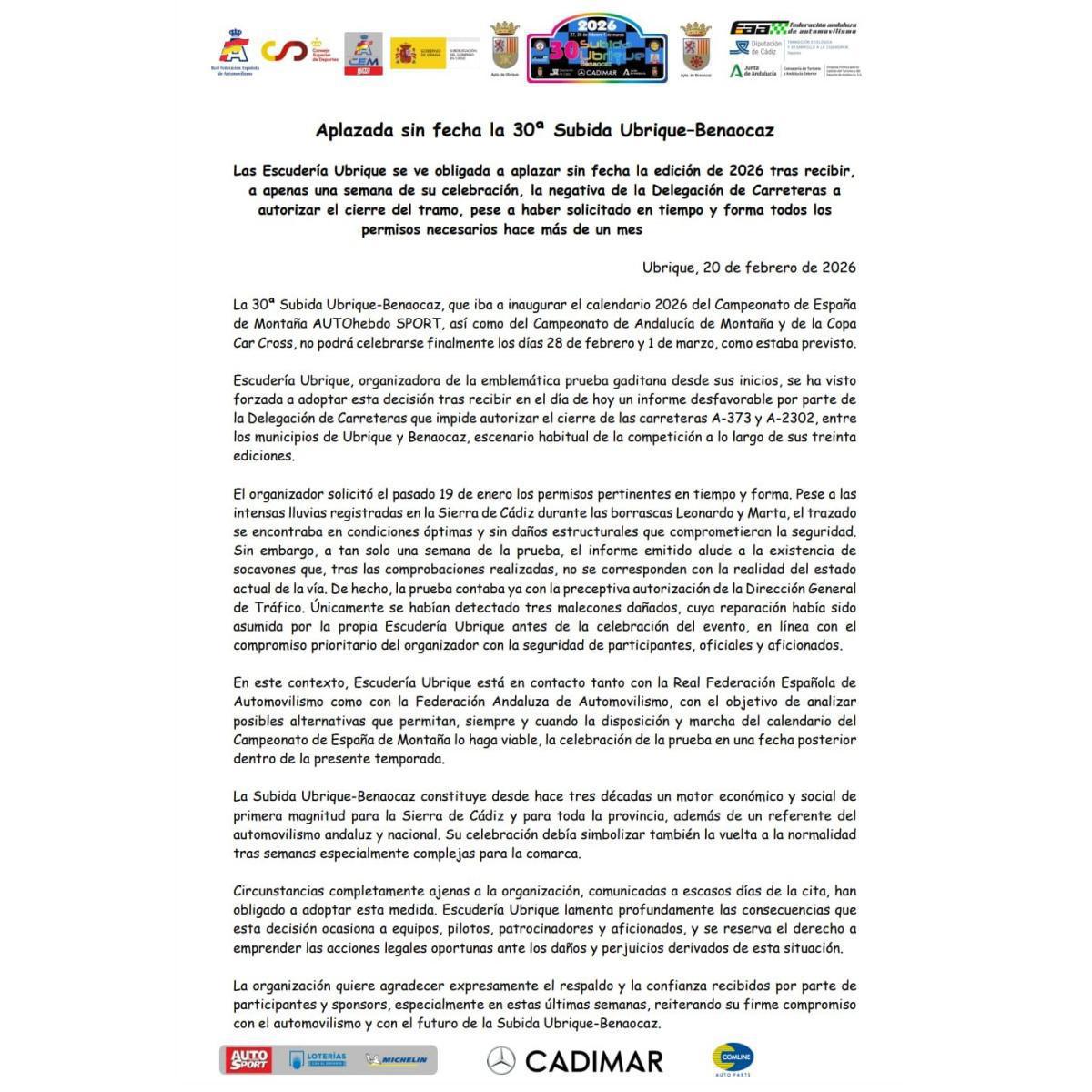 Aplazada sin fecha la 30ª Subida Ubrique–Benaocaz