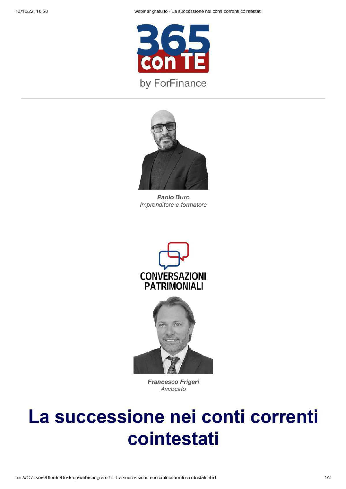 Webinar 365 con Te: la successione dei conti cointestati.