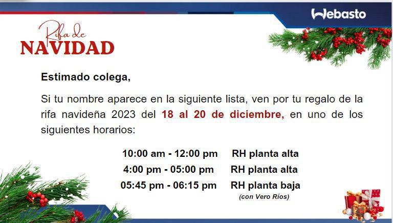 Colega: si tu nombre aparece en esta lista, pasa a RH por tu obsequio navideño