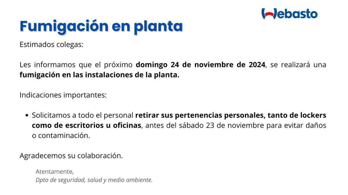 Fumigación en planta ¡No olvides retirar tus objetos personales!