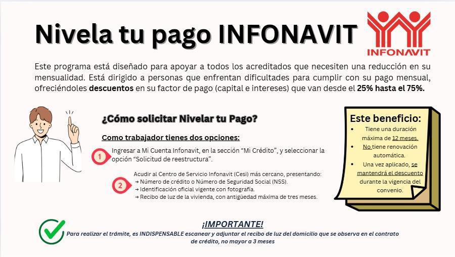 Colega, si deseas nivelar tu pago de INFONAVIT, consulta más detalles con nosotros.