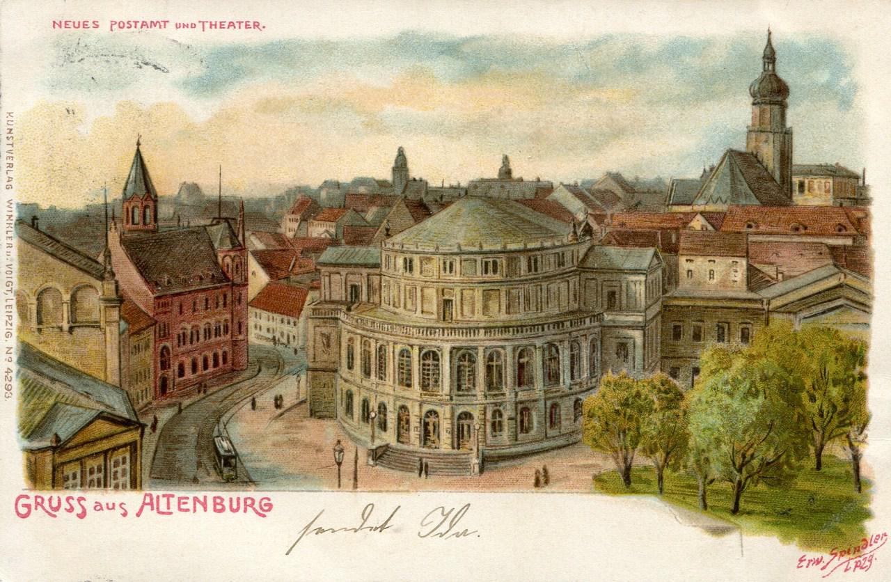 Kolorierte Postkarte mit Blick auf Theater und neues Postamt