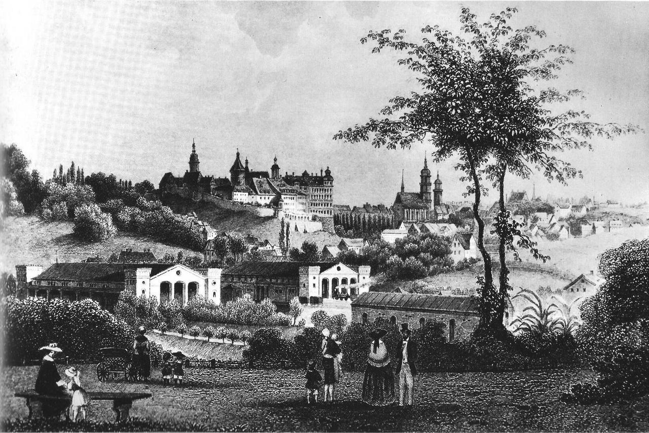 Blick auf Altenburg mit dem Bahnhof im Vordergrund (1860)