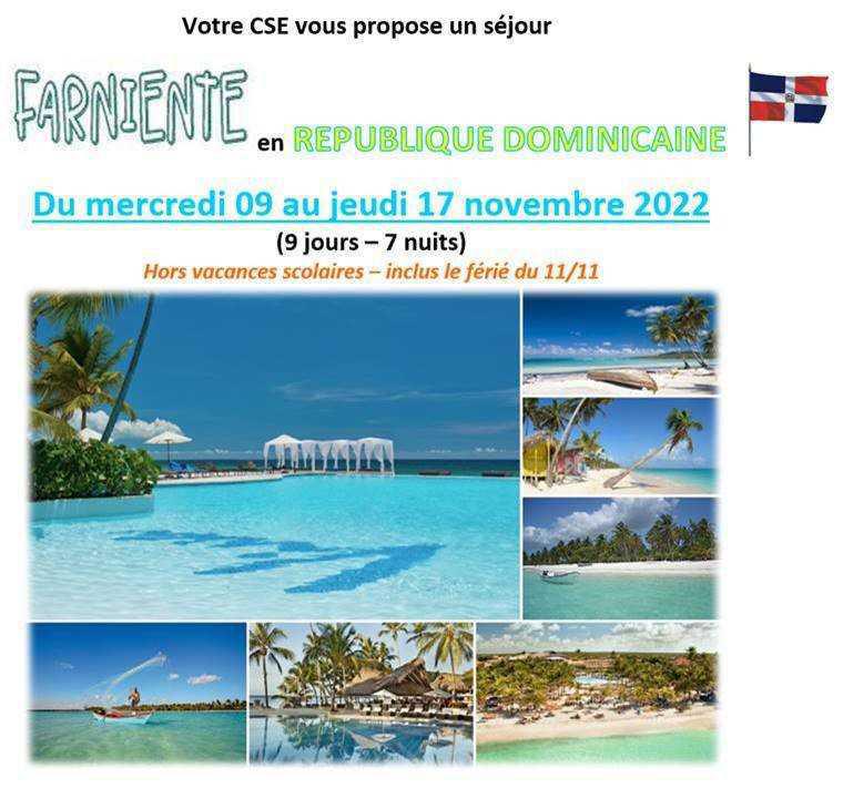 CSE NPS - Séjour "farniente" en REPUBLIQUE DOMINICAINE - 09 au 17 NOVEMBRE 2022 (9j/6 nuits) --> hors vacances scolaires (inclus férié du 11/11)