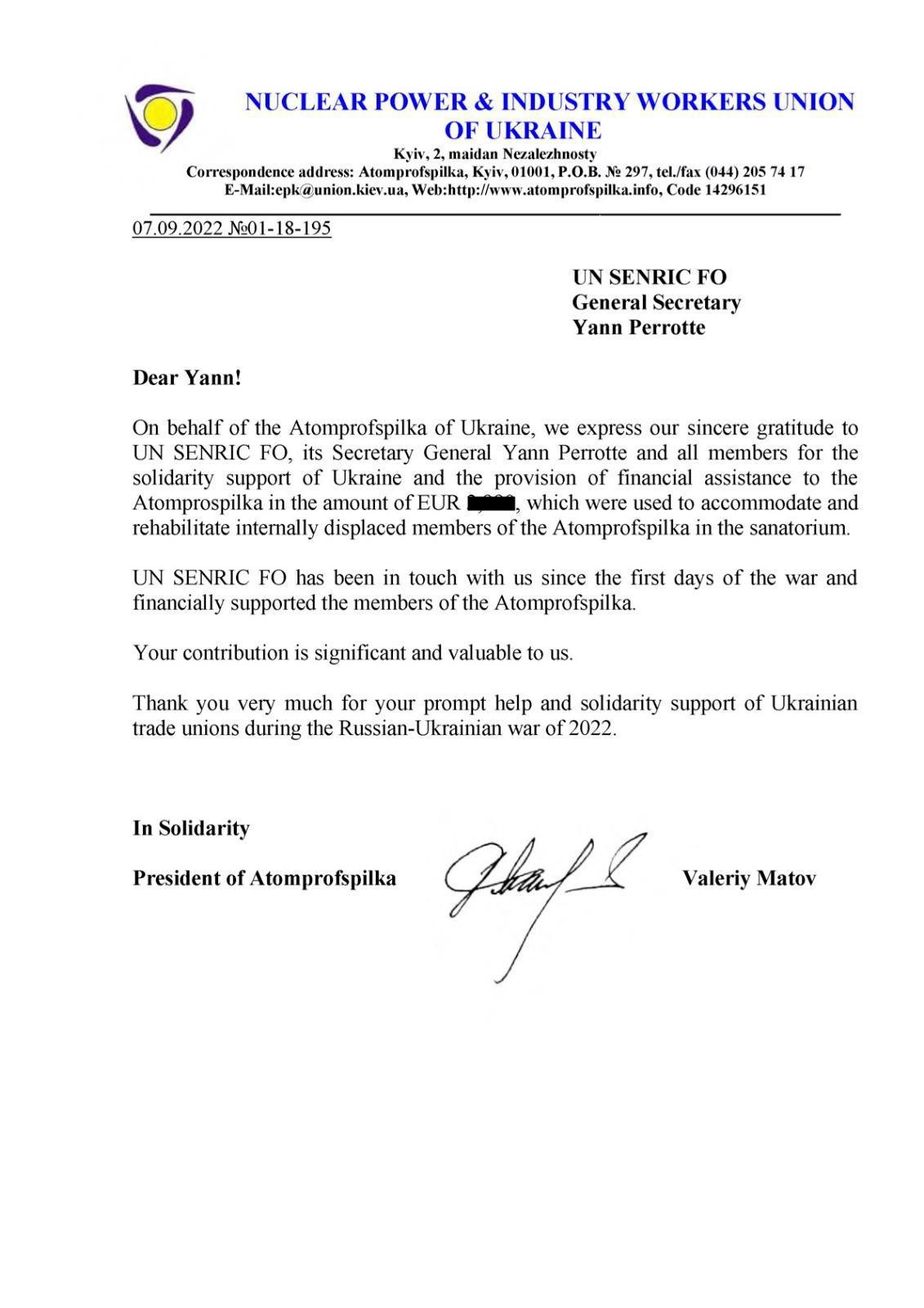 Remerciements des camarades ukrainiens pour les dons des syndicats FO du groupe ORANO & du CEA