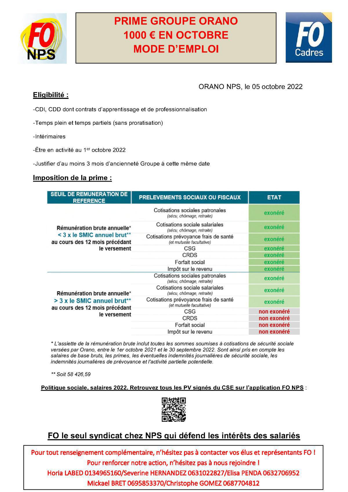 Prime groupe ORANO 1000€ mode d'emploi FO NPS