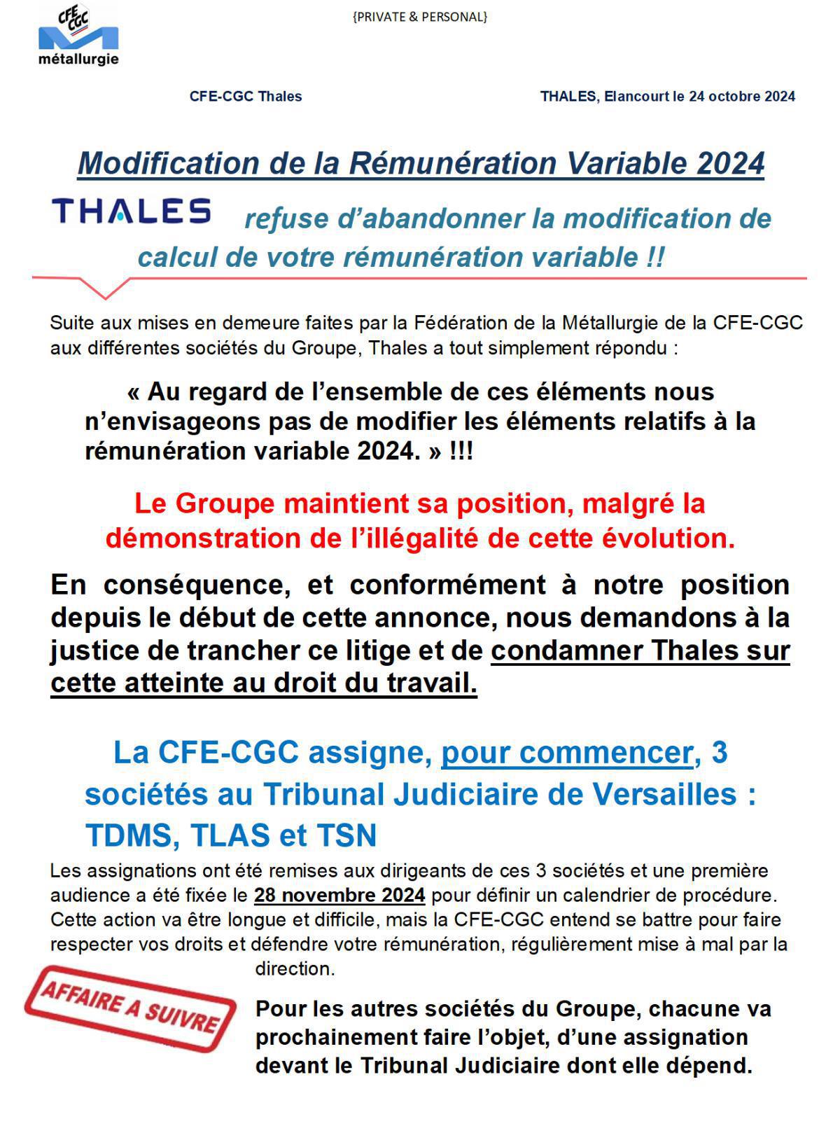 Modification de la rémunération variable 2024, la CFE assigne...