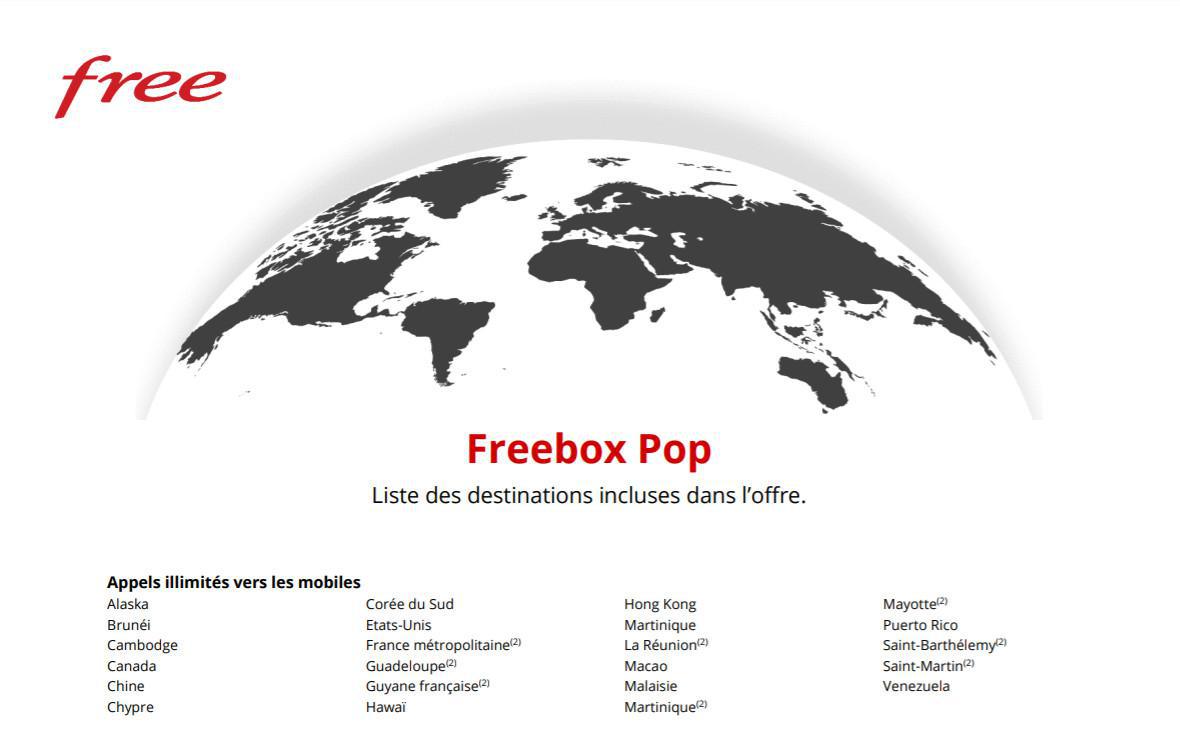 Liste des destinations incluses dans l’offre Freebox POP