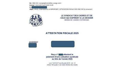 📩 SNECGC – Attestation fiscale 2025 🥇 1ère organisation de la Branche Caisse d’Épargne Votre attestation fiscale, précédée d'un message d’information, 👉 VERIFIEZ VOS SPAMS ! 