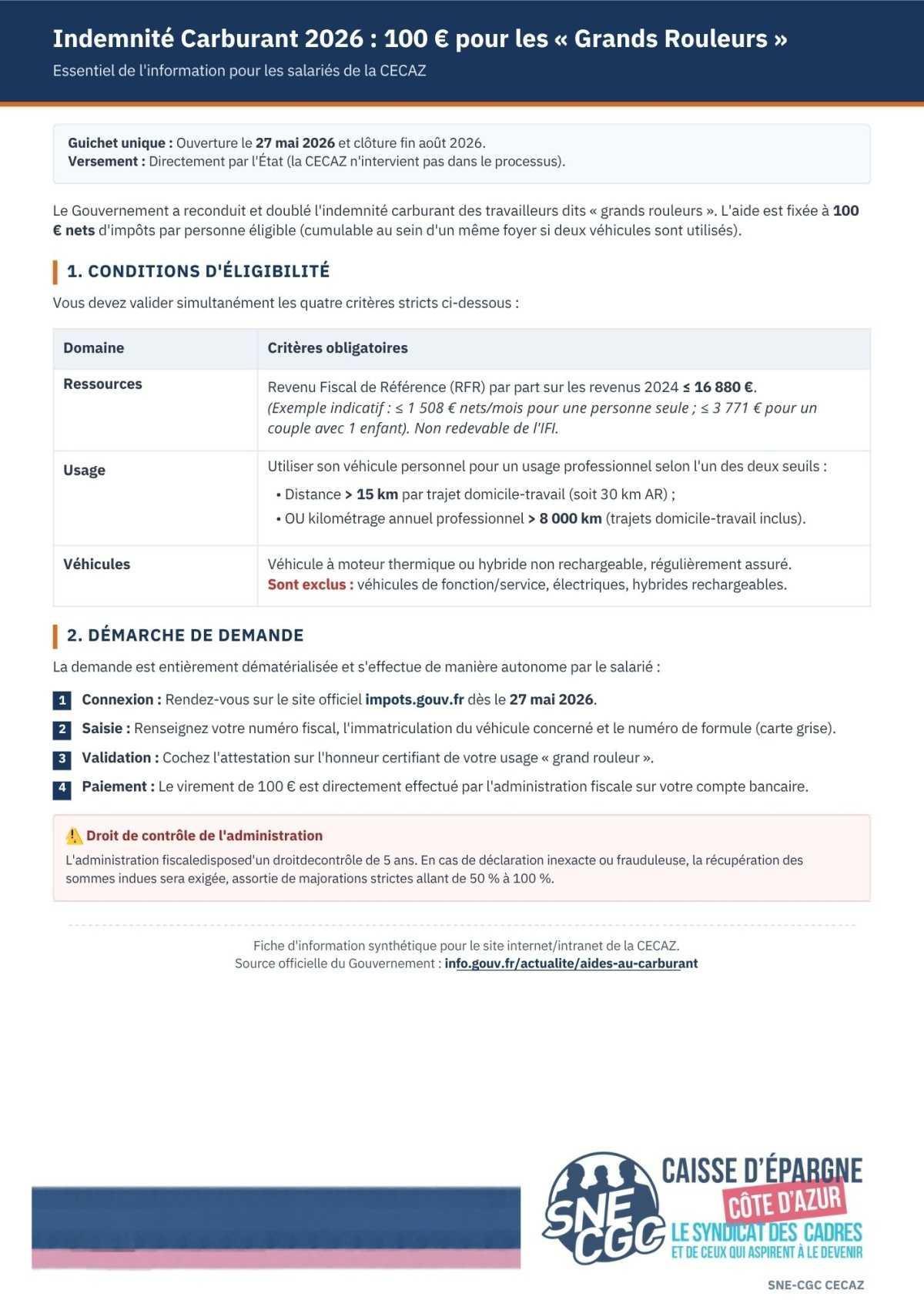 Indemnité Carburant 2026 : 100 € pour les « Grands Rouleurs »