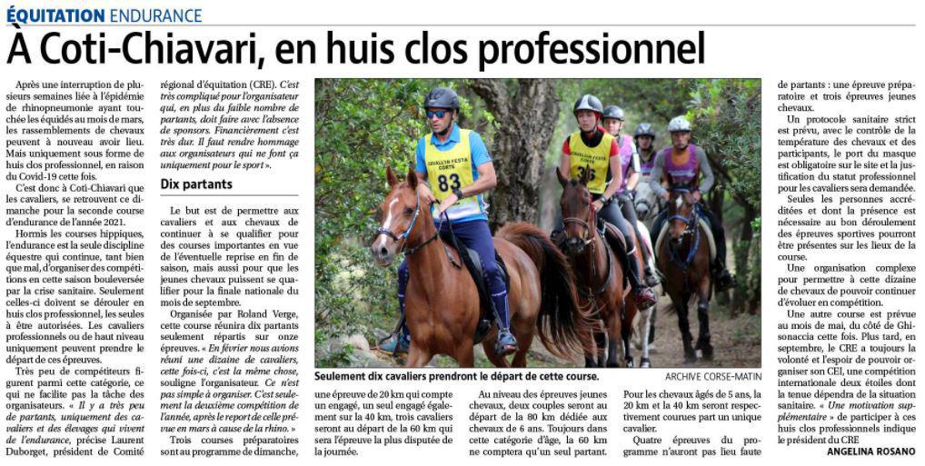 Article Corse Matin du 16 avril 2021