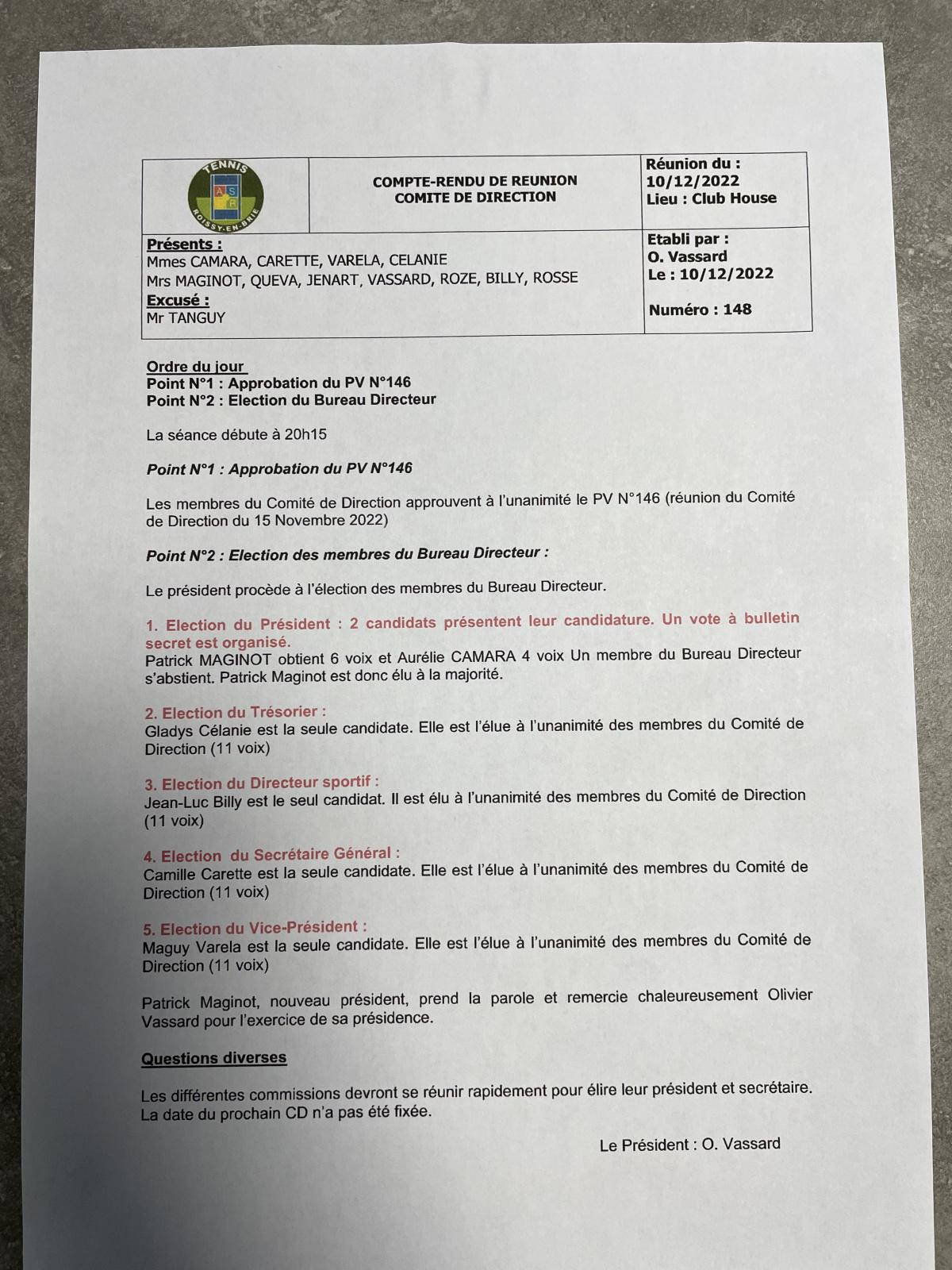 Assemblée Générale Ordinaire du Samedi 03 Décembre