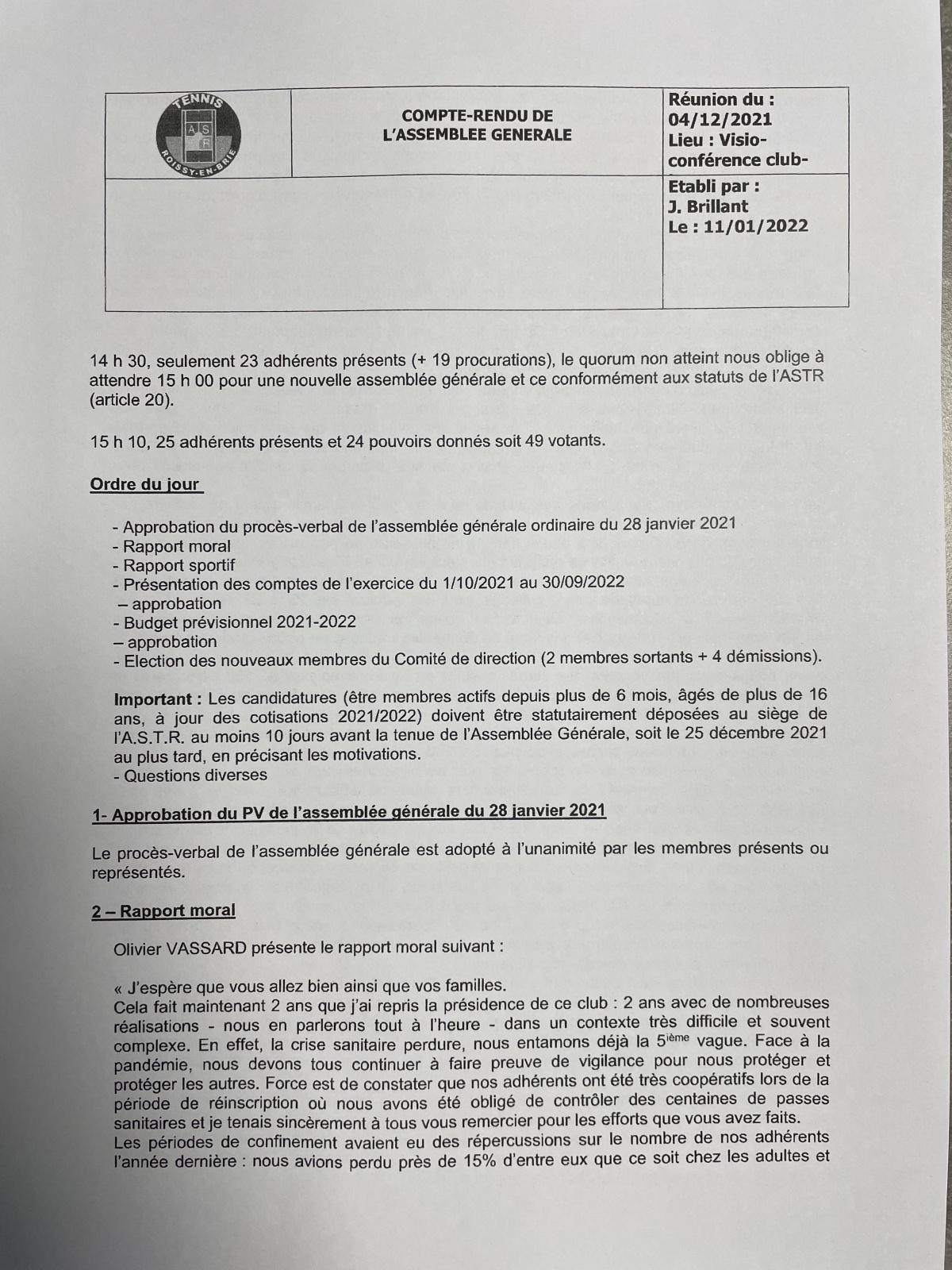 Assemblée Générale Ordinaire du Samedi 03 Décembre