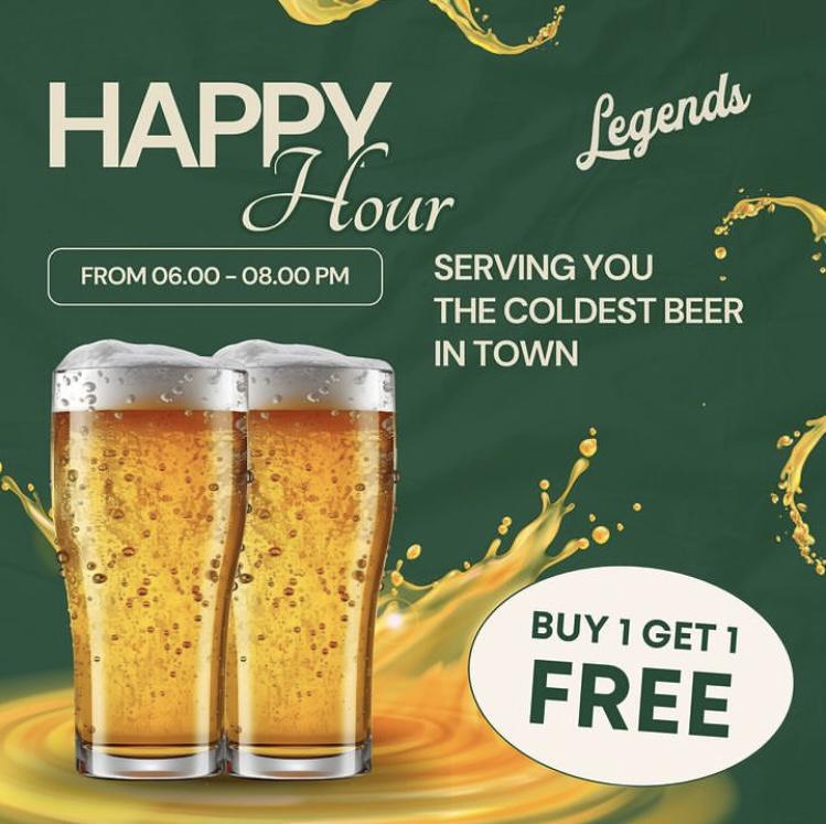 Happy Hour 06 to 08pm Tuesday, Thursday and Saturday at Legends Bistro Bali