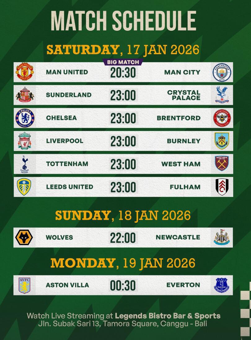 Match schedule at Legends Bistro Bali