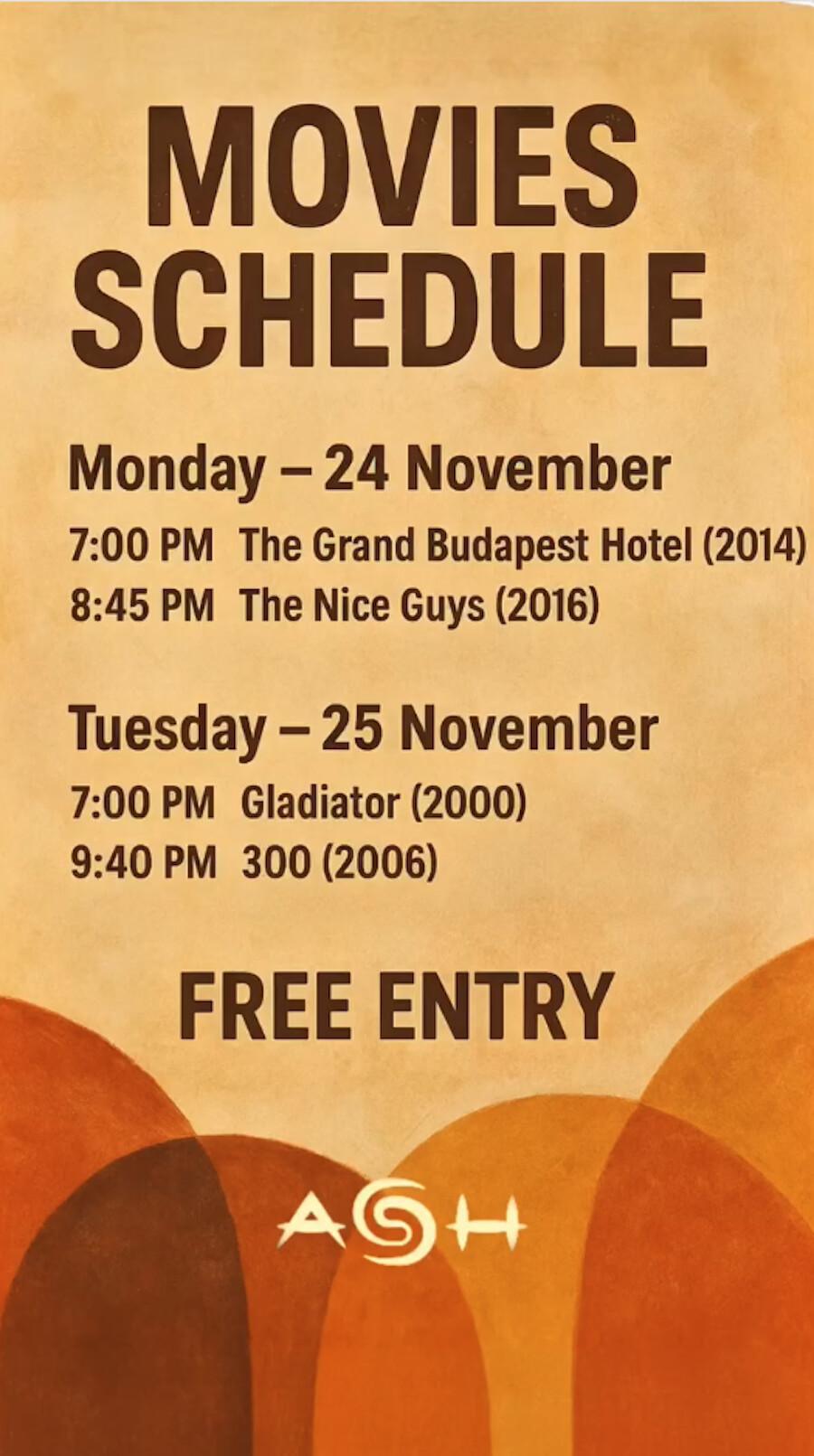 Movies Schedule at Ash Nuanu