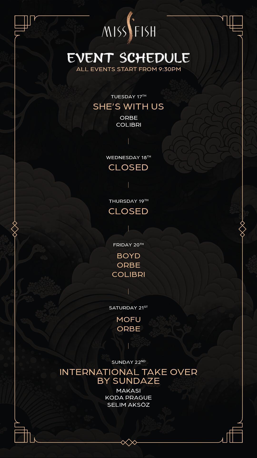 Event Schedule at Miss Fish Bali