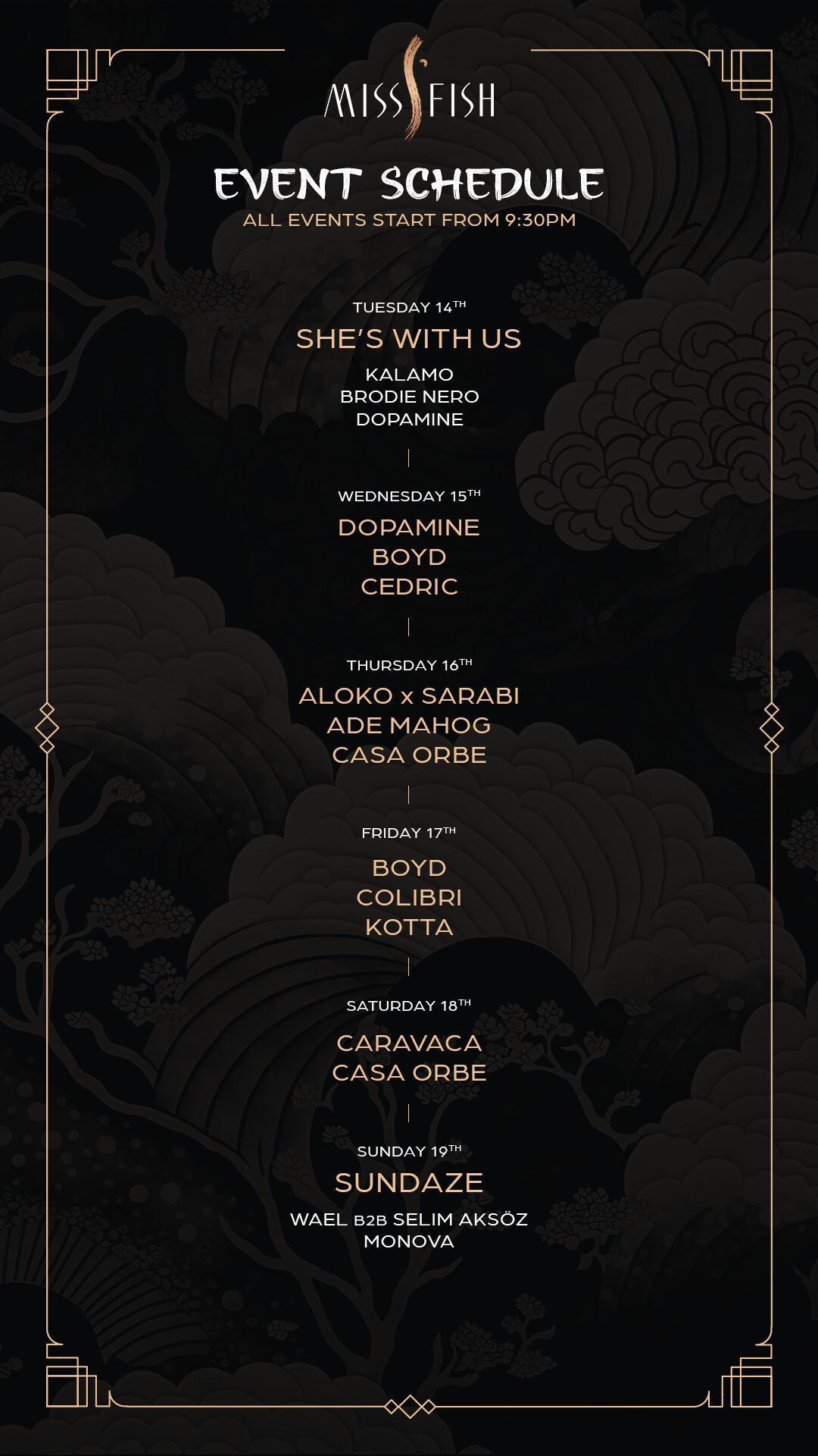 Event Schedule at Miss Fish Bali