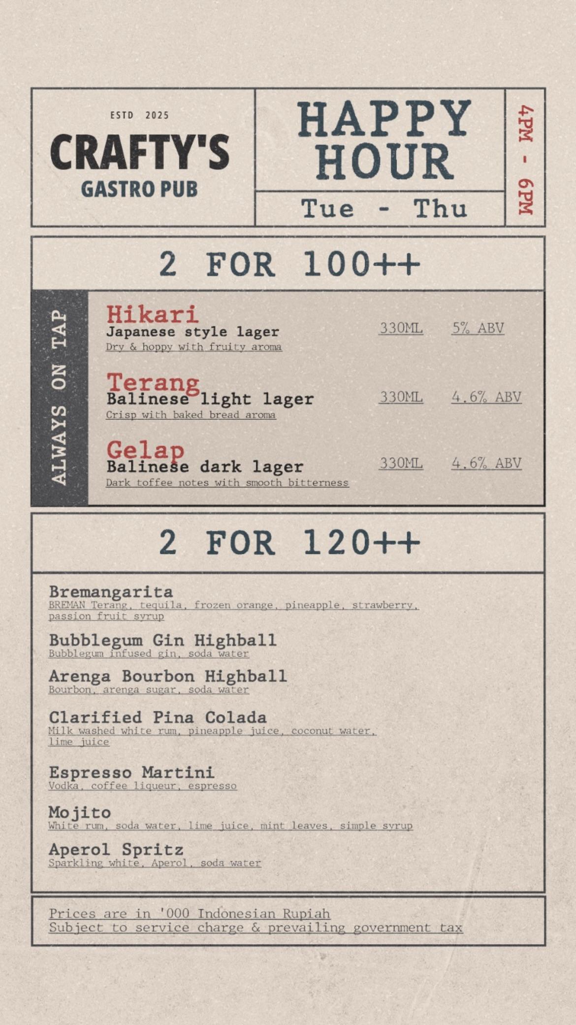 Happy Hour at Crafty's Gastro Pub Tue-Thur 4-6pm