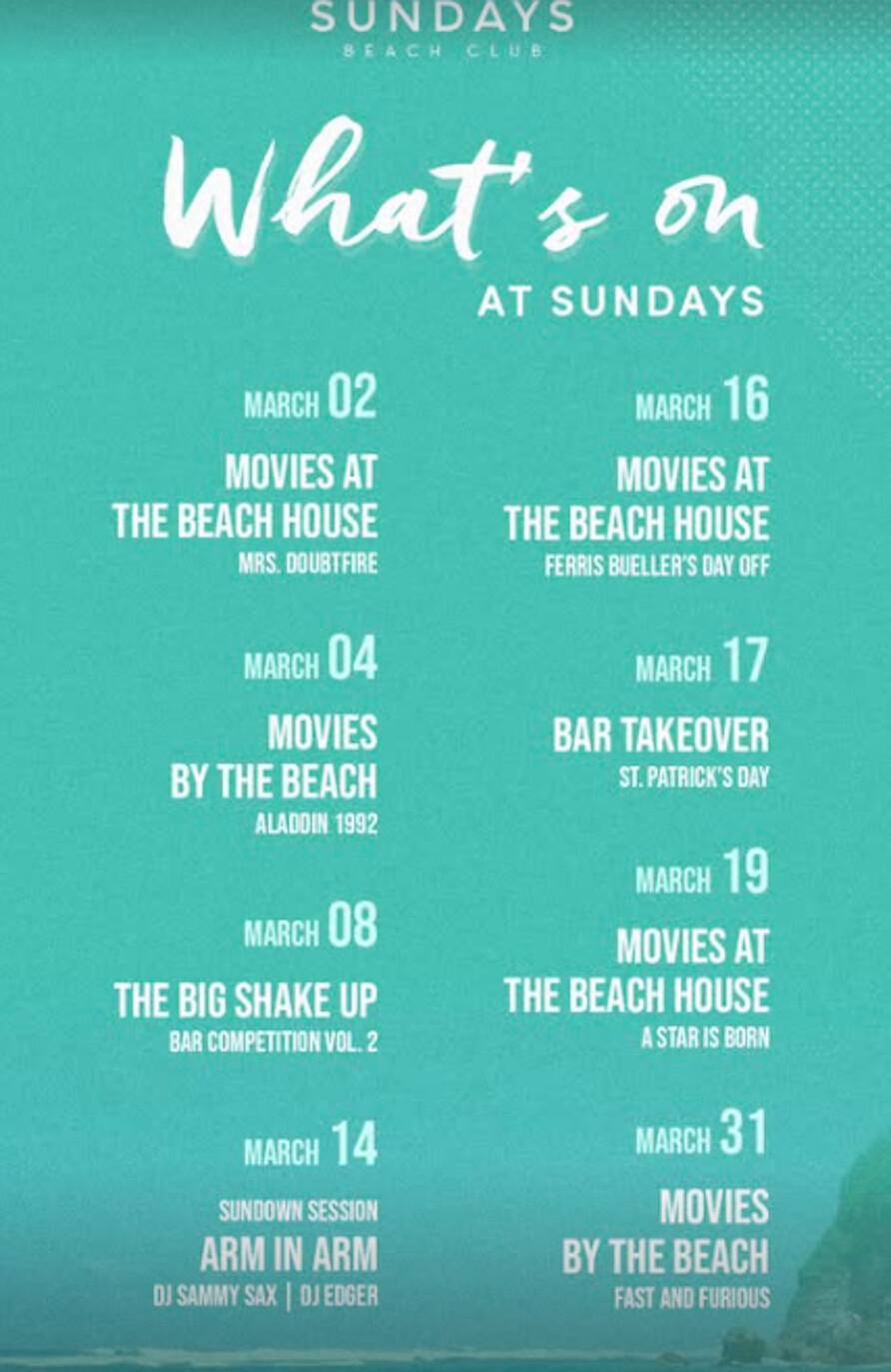 What's on in march at Sundays Beach Club