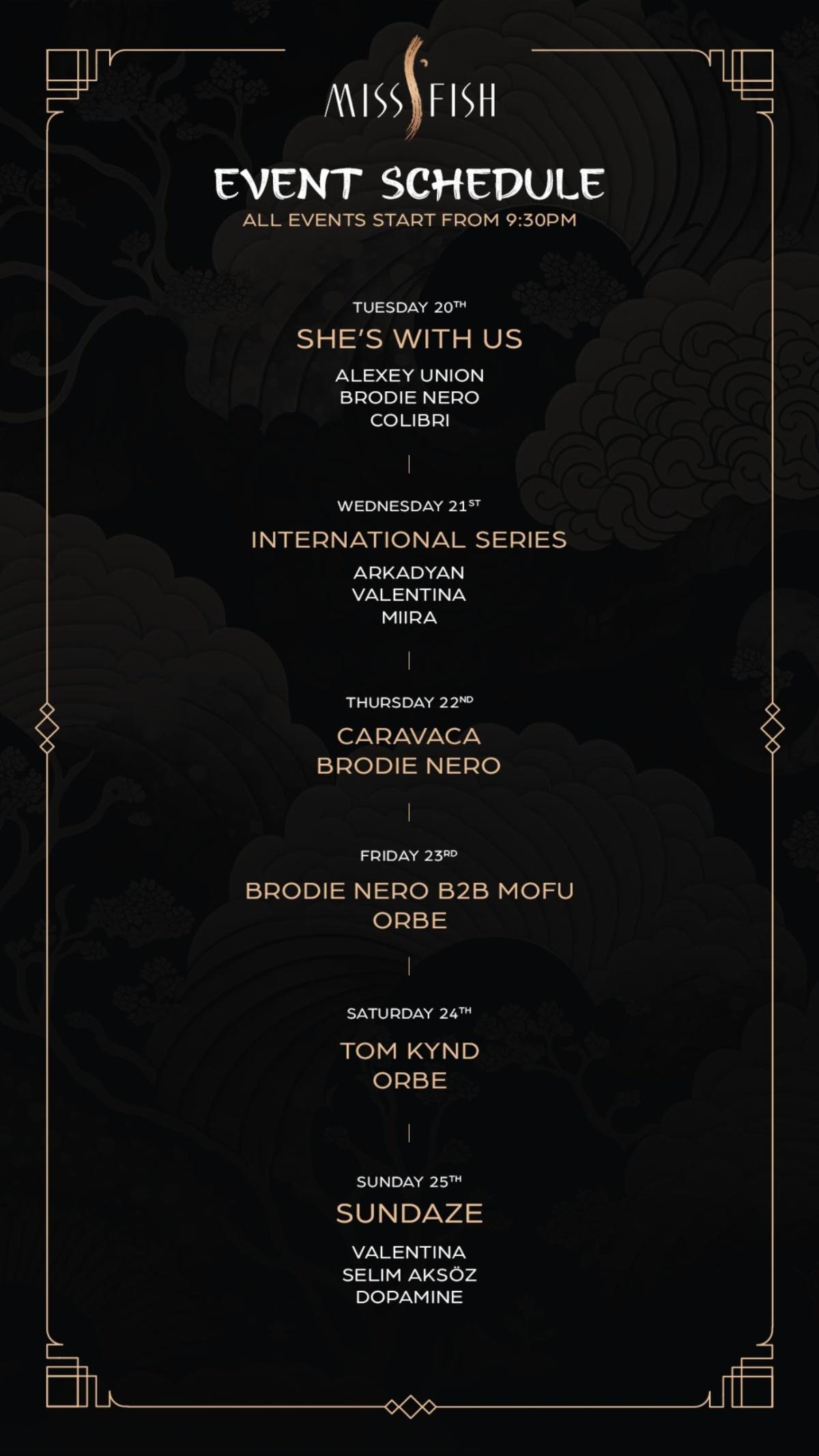 Event Schedule at Miss Fish 