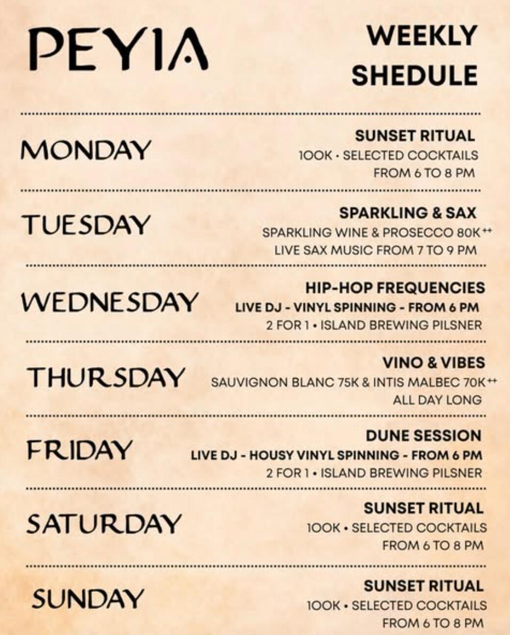 Week Schedule at Peyia 