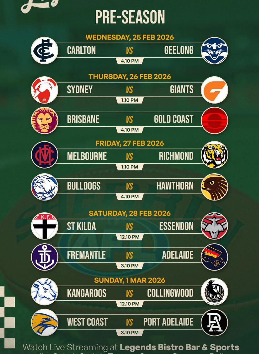 Pre-Season Match Schedule at Legends Bistro Bali