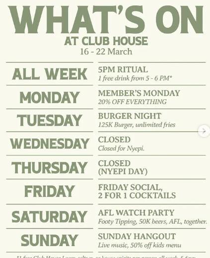 What's On At Club House Pererenan