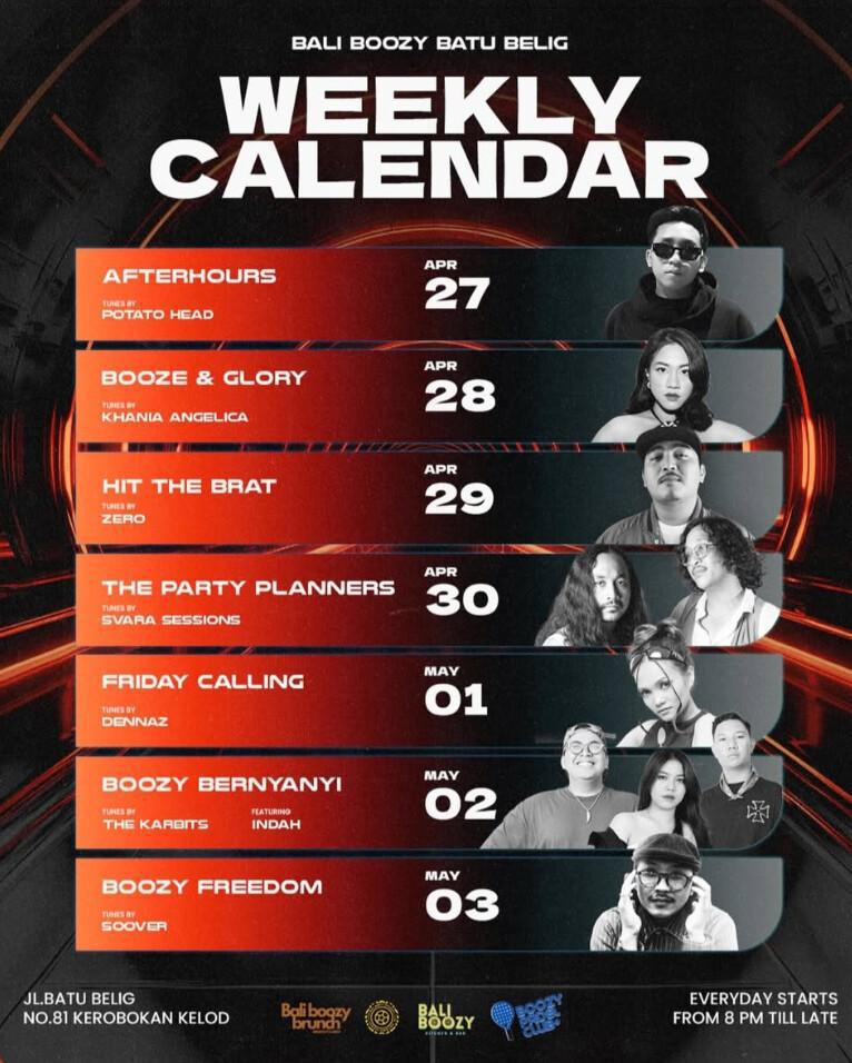 Weekly schedule at Bali Boozy Kitchen & Bar